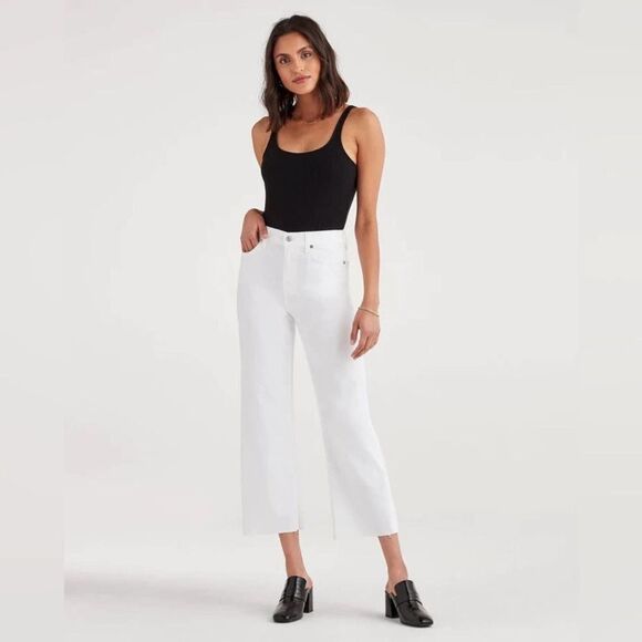 7 For All Mankind NWT High Waist Crop Straight Leg Jeans White Raw Hem Size 31 - Picture 1 of 12